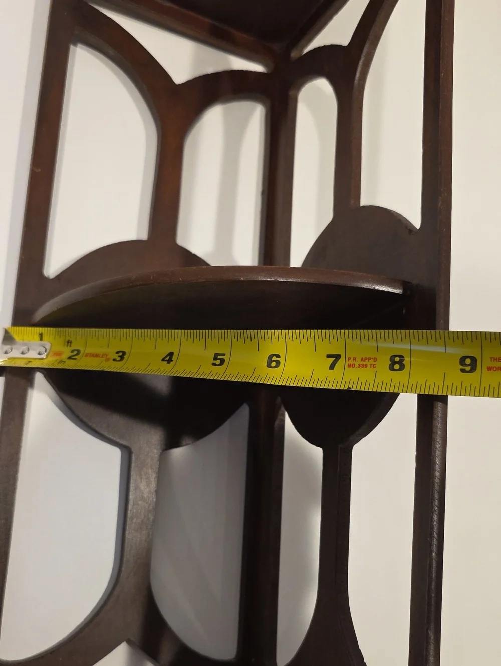 Vintage Wooden Corner Shelf With Intricate Cutout Design 23.5